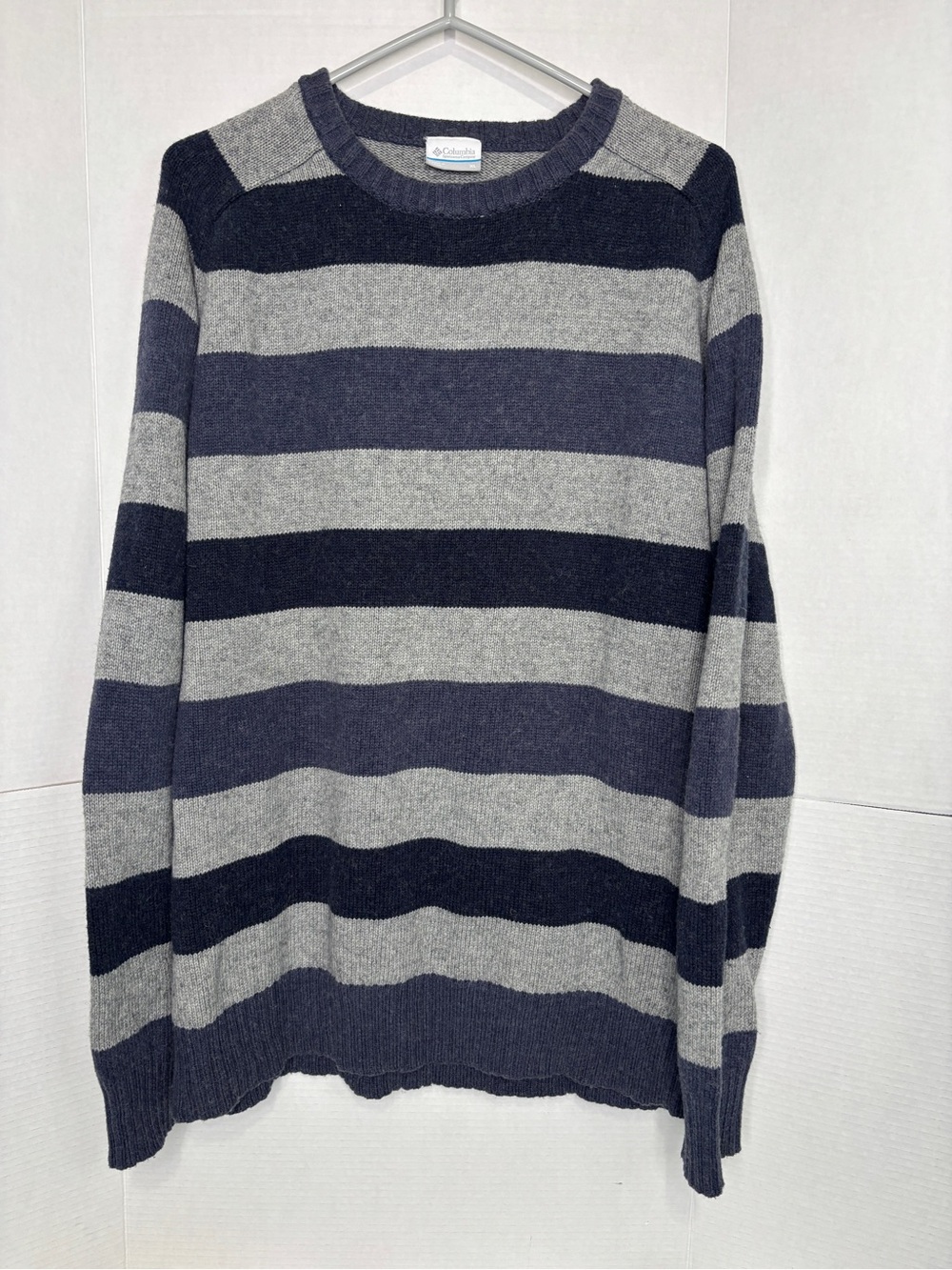 Columbia Men's Grey & Navy Wide-Stripe Crewneck Sweater Wool/Cotton Blend
